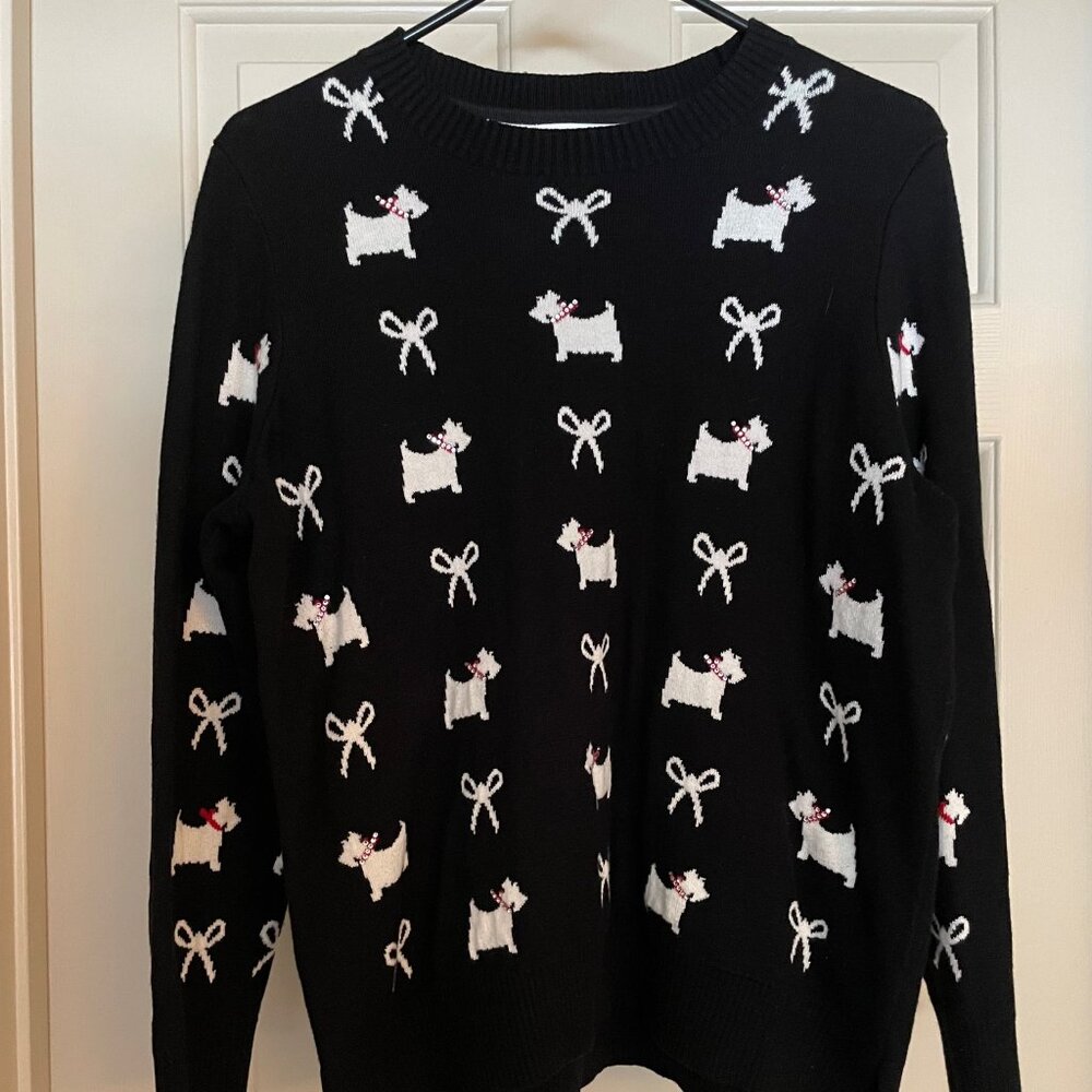 Charter Club Black Crew Neck Scottie Dog Sleeve Sweater Size PXL